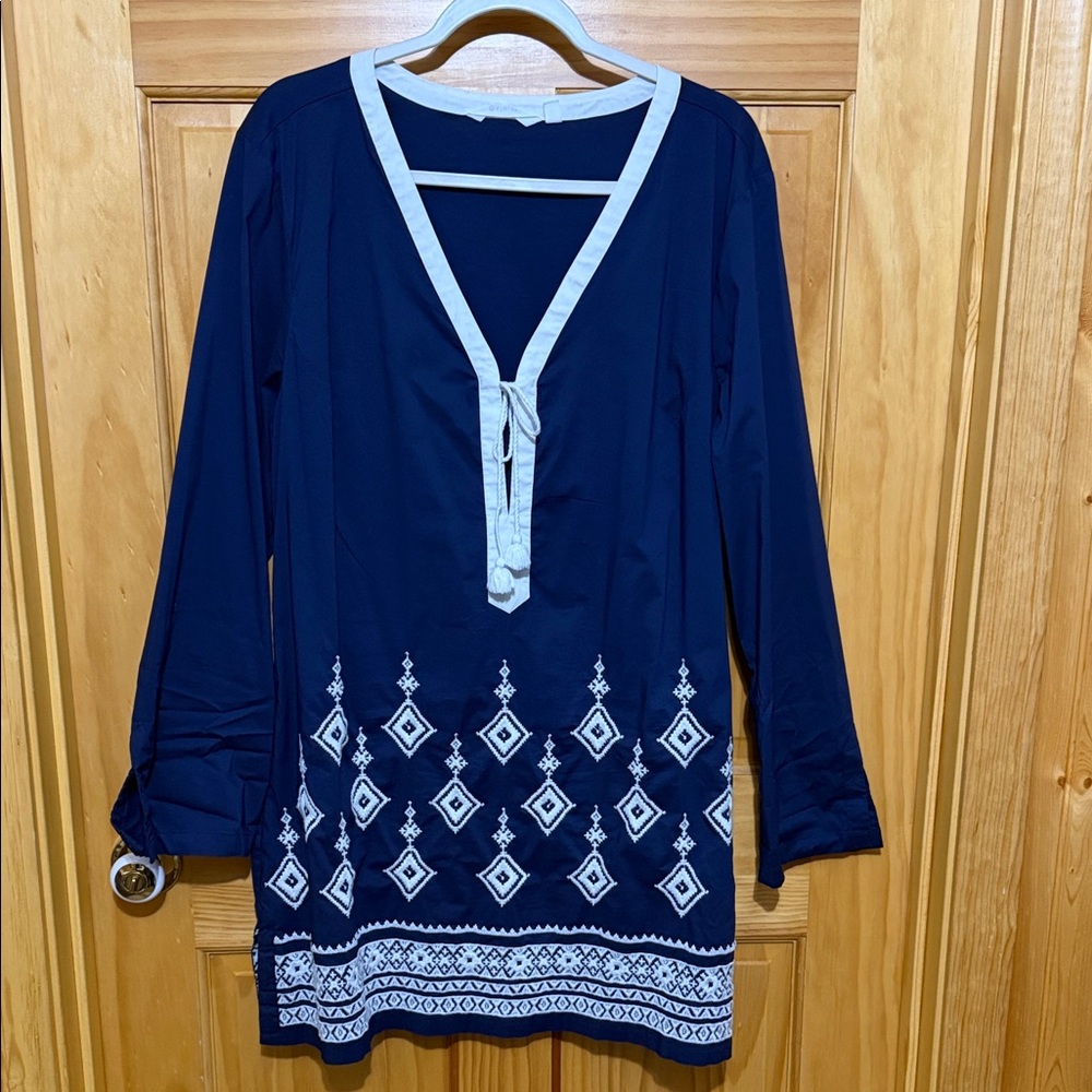 Athleta Navy & White Embroidered V‑Neck Swim Coverup with Tassels, Size XL.
